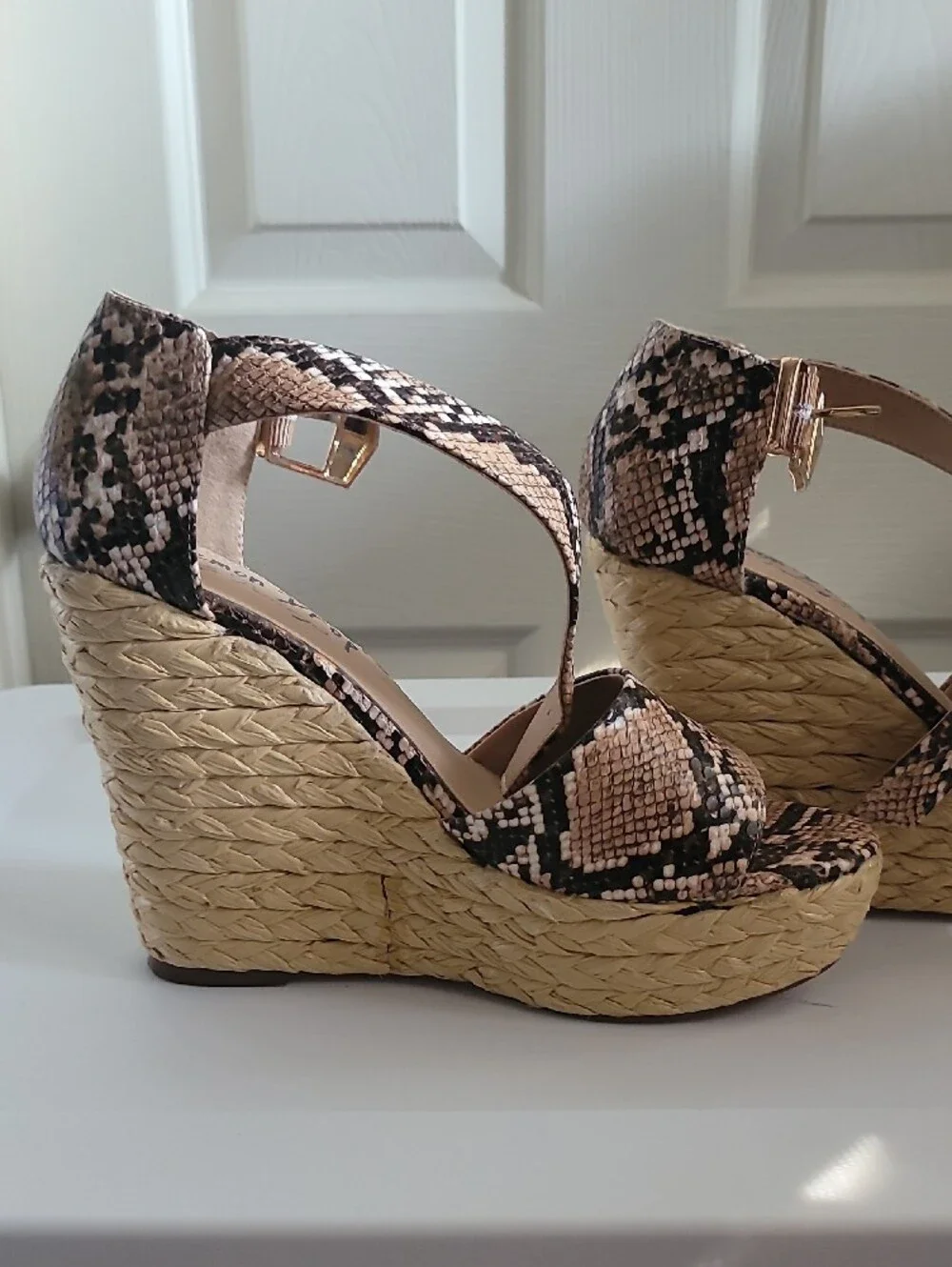 Neutral Snake-Print Platform Wedge Sandals with Gold Buckle Lemon Drop 8.5